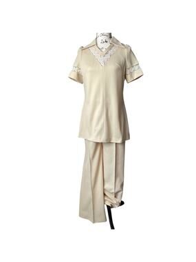 Vintage Polyester Pantsuit Tunic Top Dagger Collar Pants Crochet Lace 60-70s Set